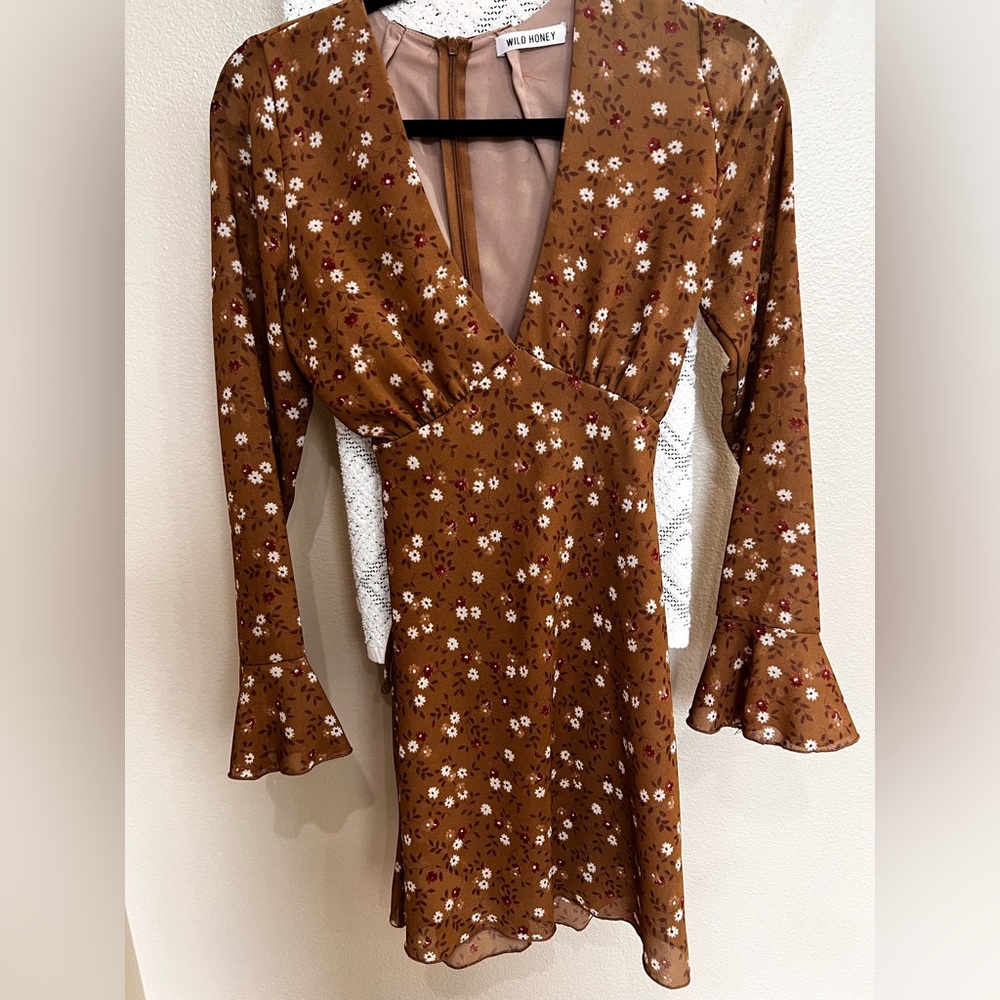 Brown Floral Long Sleeve Dress